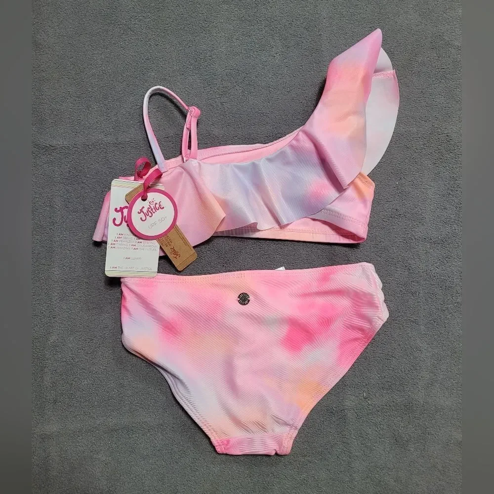 NEW Justice Girls 2 Piece Ruffle Shoulder Tie Dye Bikini‎ Swimsuit XS